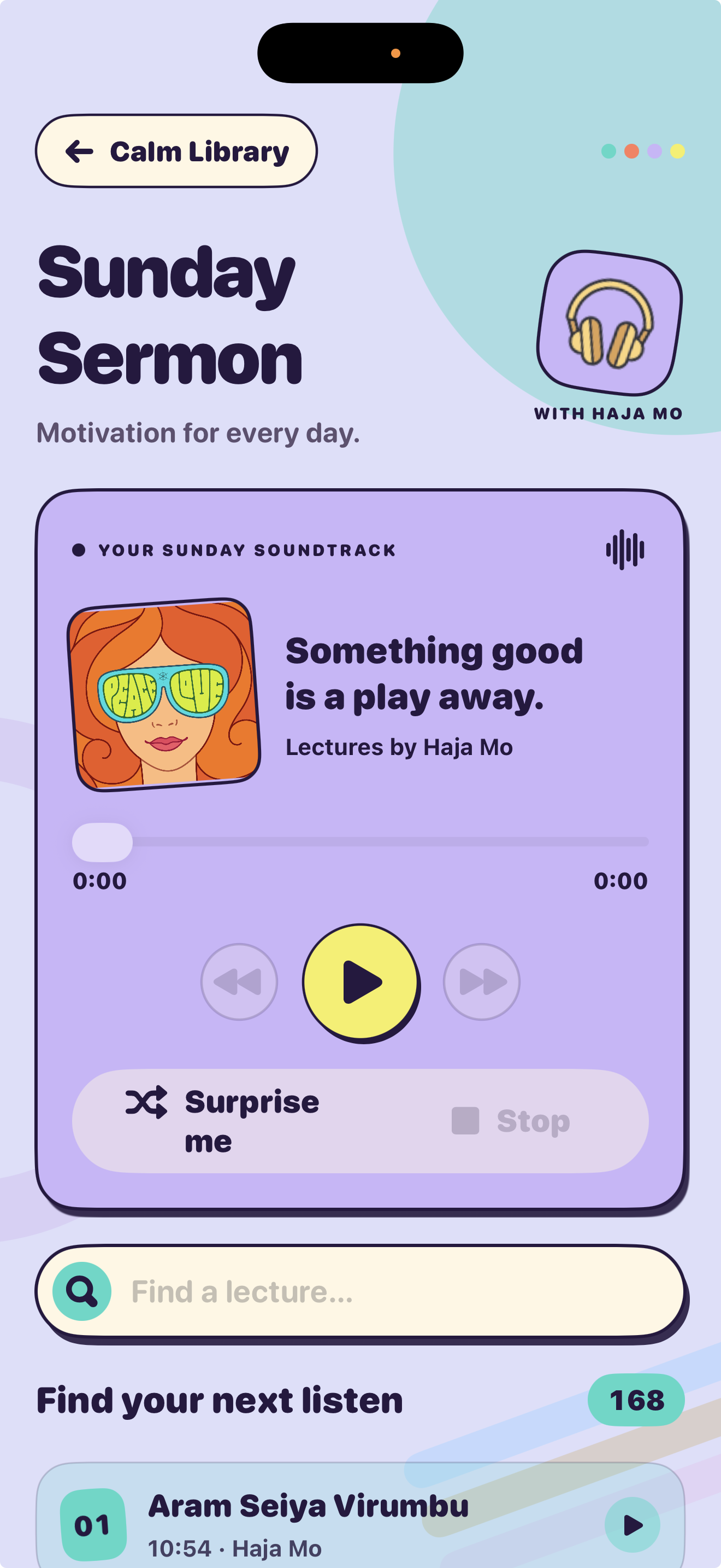 ZelCafe Sunday Sermon screen with Haja Mo lectures, playback controls and lecture search