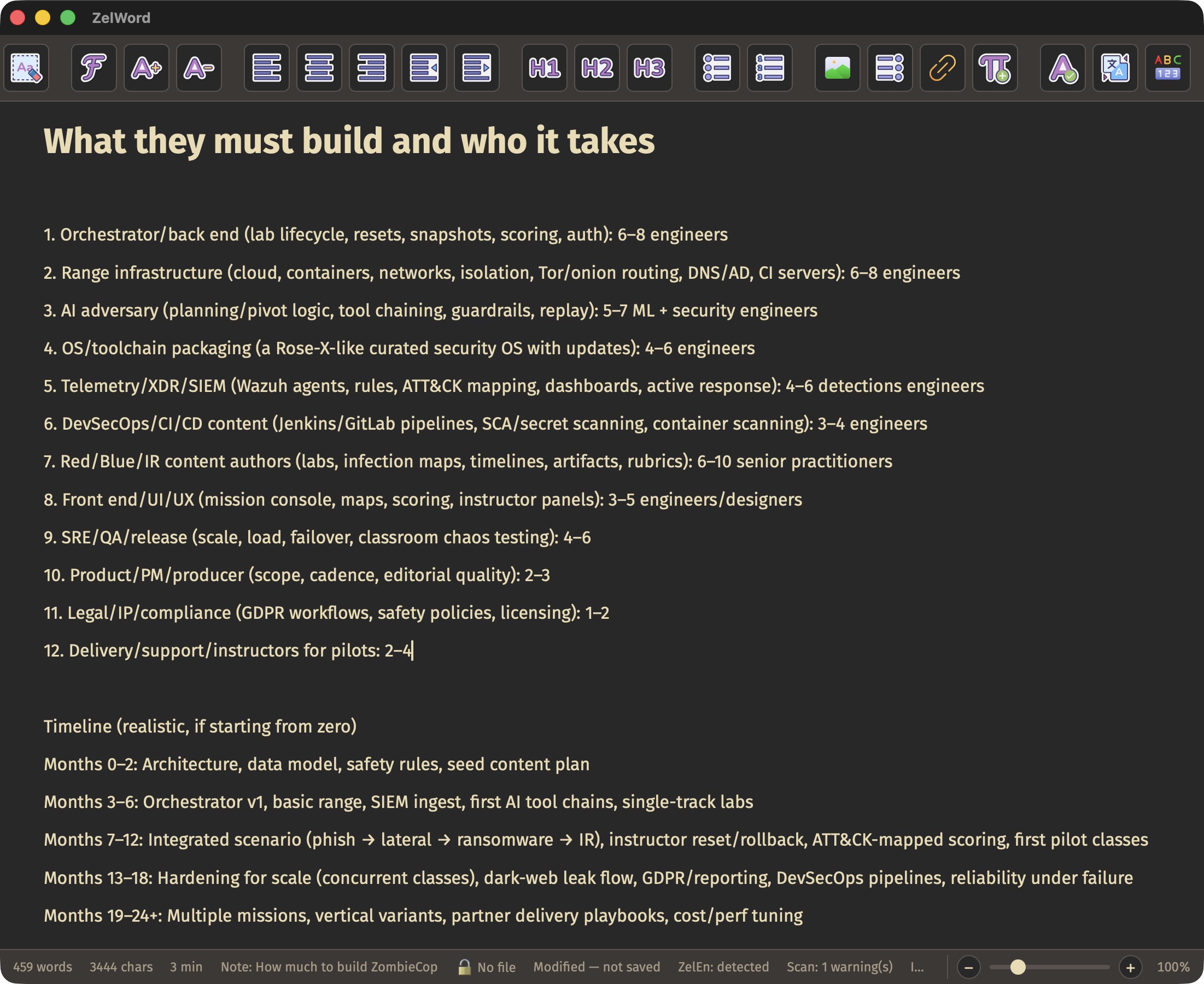 ZelWord dark theme document with headings and lists